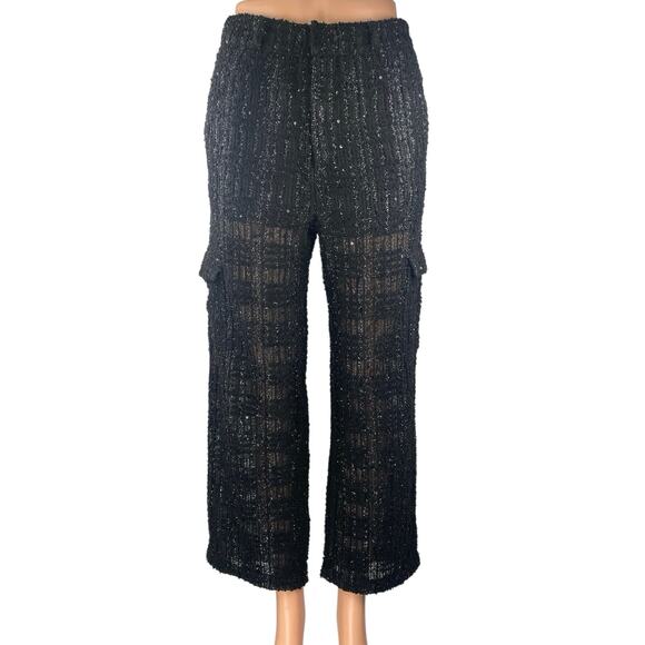 Religion Black Metallic Tweed Knit Straight High Waist Cargo Trousers Pants Sz M - Picture 1 of 7